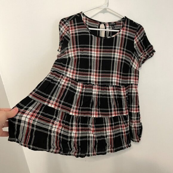 TORRID 00 Plus Size Black Red Plaid Shirred Hem Top Short Sleeve Babydoll 10 M L - Picture 9 of 14
